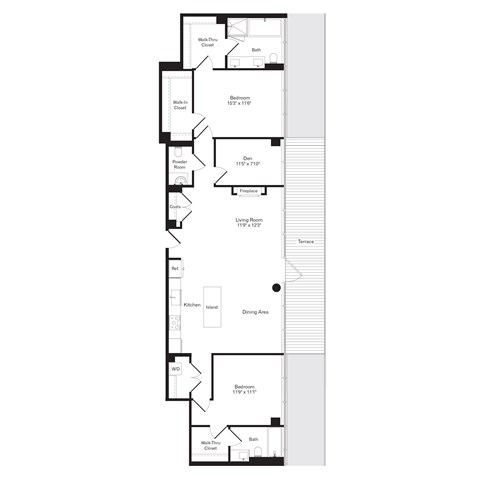 Floor plan for 2 beds, 2.5 baths, 1487 sqft